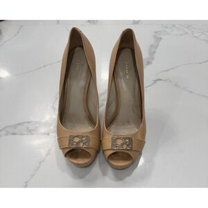 Coach Heels Womens Nude Peep Toe Leather Logo Pumps High Heel‎ Dress Shoes